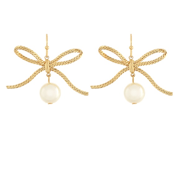 Textured Bow & Pearl Dangle Earrings - Picture 1 of 1